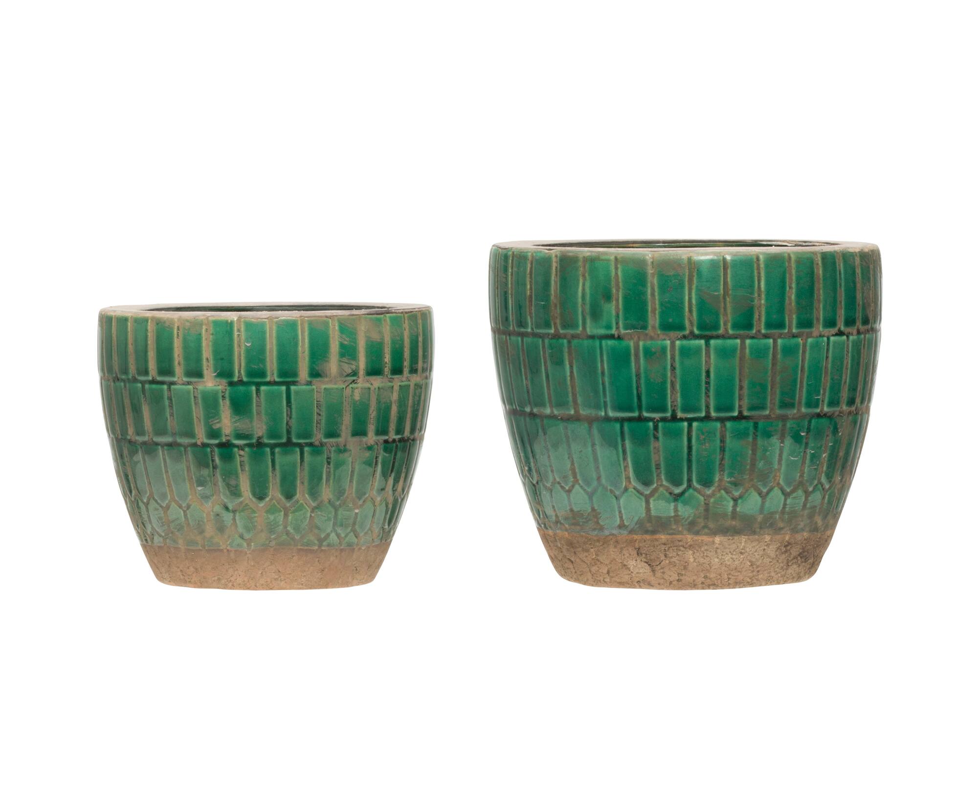 Hello Honey® Distressed Green Tile Terracotta Planter